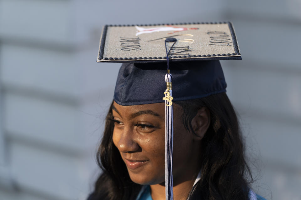 Nylla Miller speaks during an interview with The Associated Press before she departs for her high school graduation ceremony from her home in Aldan, Pa., Thursday, June 15, 2023. (AP Photo/Matt Rourke)