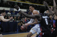 Boulogne-Levallois' Victor Wembanyama goes for a layup during the Elite basketball match Boulogne-Levallois against Paris at the Palais de Sports Marcel Cerdan stadium in Levallois-Perret, outside Paris, Tuesday, May 16, 2023. Wembanyam is projected to be the first overall pick in the 2023 NBA draft. (AP Photo/Thibault Camus)