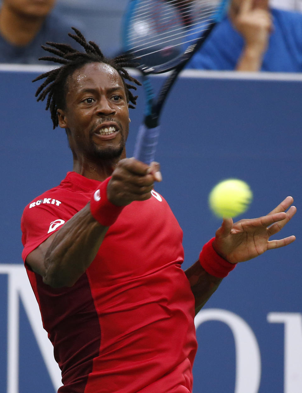 Gael Monfils, of France, returns a shot to Pablo Andujar, of Spain, during the fourth round of the U.S. Open tennis tournament, Monday, Sept. 2, 2019, in New York. (AP Photo/Jason DeCrow)