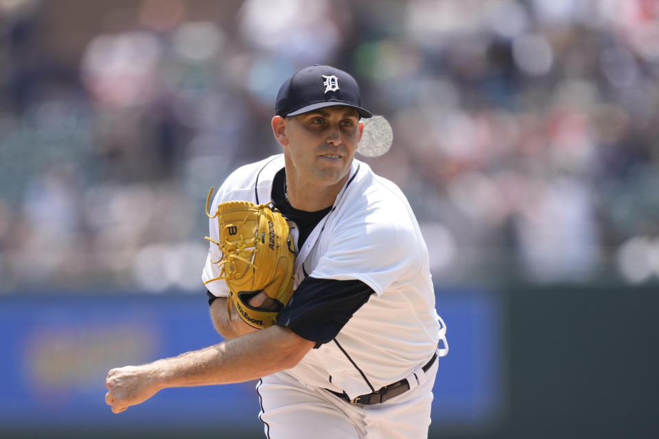 Detroit Tigers starting pitcher Matthew Boyd throws during the first inning of a baseball game against the Arizona Diamondbacks, Saturday, June 10, 2023, in Detroit. (AP Photo/Carlos Osorio)