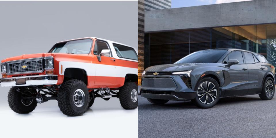 A 1973 Chevrolet Blazer and a 2024 Chevrolet Blazer EV