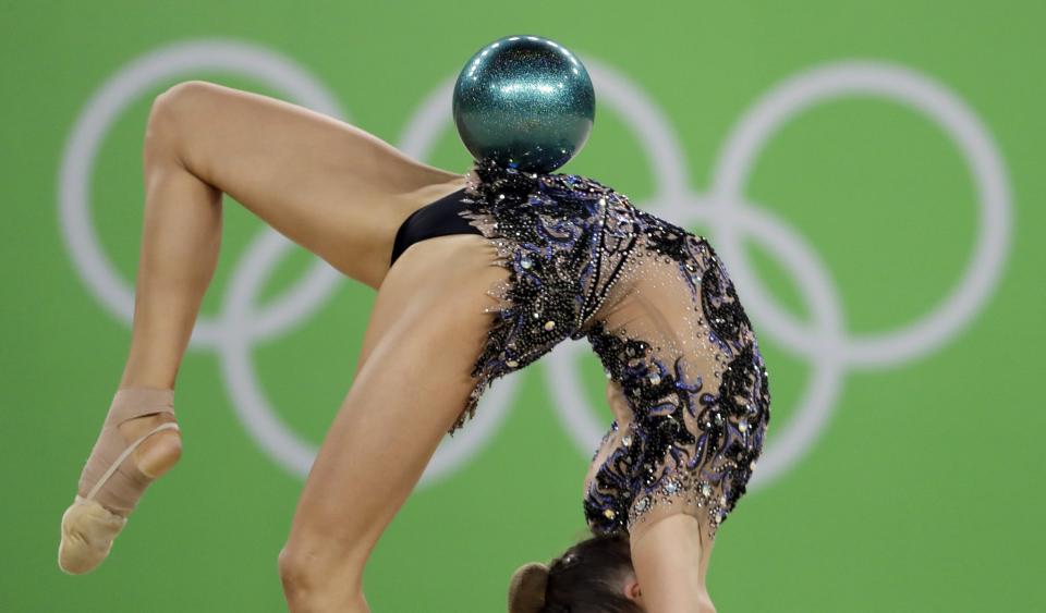 <p>Azerbaijan’s Marina Durunda performs during the rhythmic gymnastics individual all-around qualifications at the 2016 Summer Olympics in Rio de Janeiro, Brazil, Friday, Aug. 19, 2016. (AP) </p>