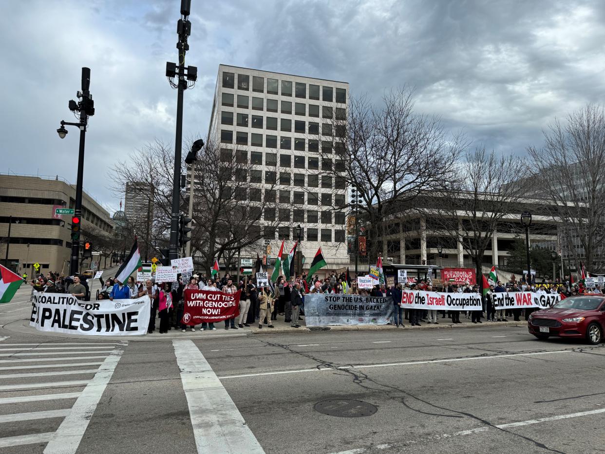 Protesters calling for a ceasefire in Gaza gathered at Red Arrow Park in Milwaukee before marching downtown.