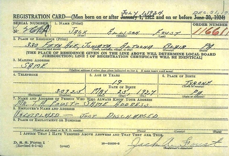 Military draft registration card for Jack Allison Foust