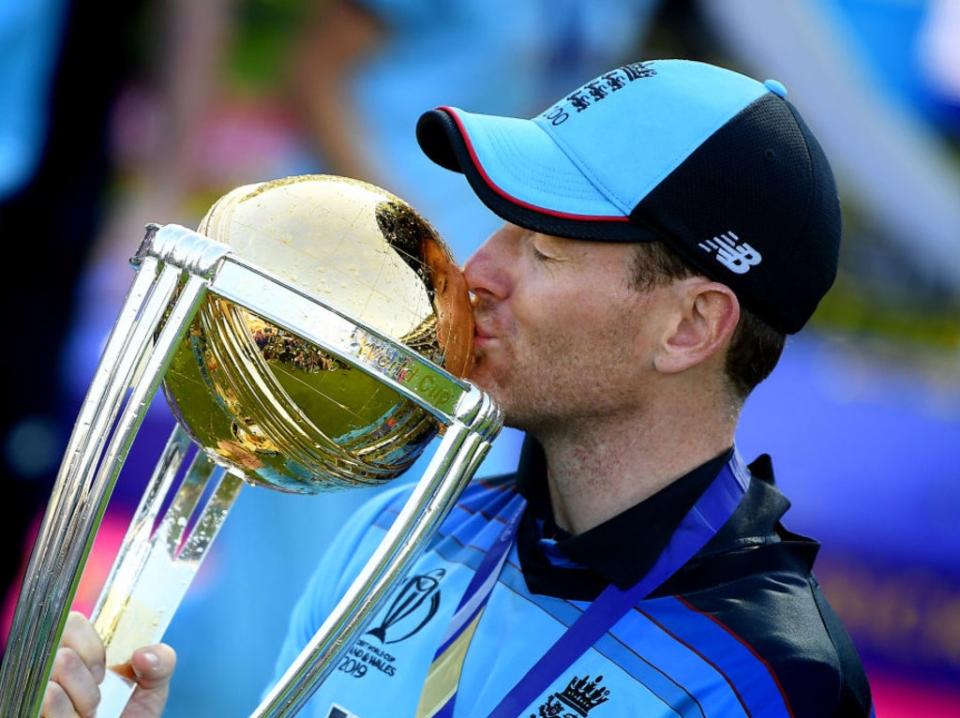 Eoin Morgan kisses the  ICC Cricket World Cup trophy in 2019 (Getty)