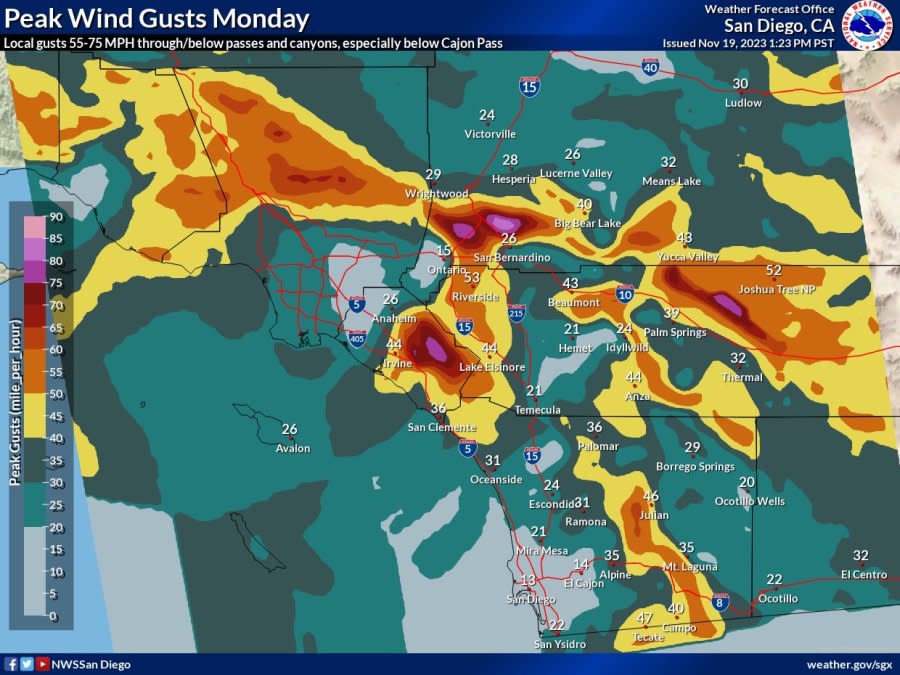 Peak wind gusts on Monday, Nov. 18, 2023. (Courtesy of National Weather Service)