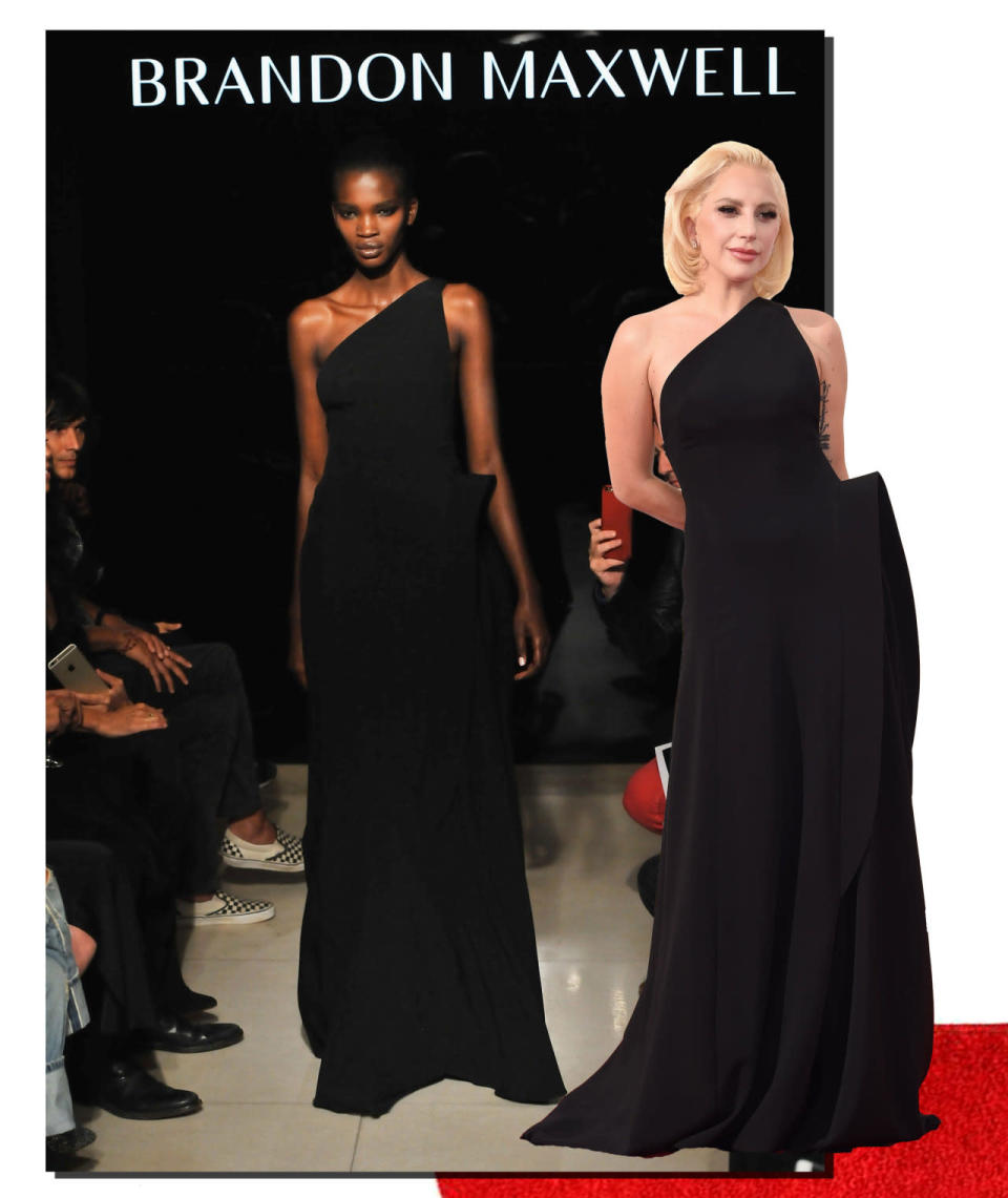 <p>Given that Gaga sat front row center at Maxwell’s debut show during New York Fashion Week, it is of little surprise that she was the first to wear his designs. She opted for this sleek one-shouldered gown for the Emmy Awards in September.<i> Photos: Getty Images</i></p>