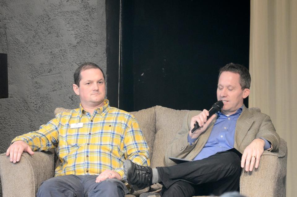 Mike Chumbler, president and general manager of The Highlands, and Jason Perl, general manager of Boyne Mountain, (left)  discuss the resorts on Friday, Feb. 3, 2023 during the Petoskey State of the Community.