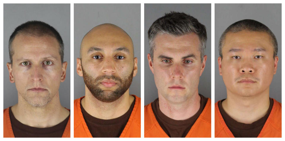 This combination of photos provided by the Hennepin County Sheriff's Office in Minnesota on Wednesday, June 3, 2020, shows Derek Chauvin, from left, J. Alexander Kueng, Thomas Lane and Tou Thao. Chauvin is charged with second-degree murder of George Floyd, a black man who died after being restrained by him and the other Minneapolis police officers on May 25. Kueng, Lane and Thao have been charged with aiding and abetting Chauvin. Minneapolis adopted a policy in 2016 requiring officers to intervene when colleagues are using inappropriate force. Yet three other officers at the scene failed to stop 19-year police veteran Derek Chauvin when he put his knee on Floyd's neck despite Floyd's cries that he couldn't breathe. (Hennepin County Sheriff's Office via AP)