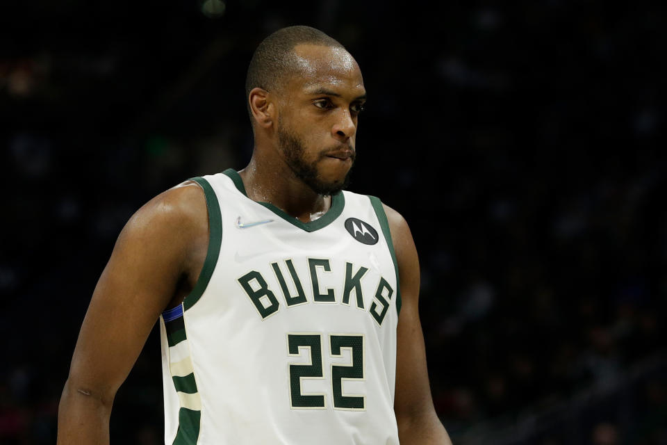 MILWAUKEE, WISCONSIN - APRIL 03: Khris Middleton #22 of the Milwaukee Bucks walks to the bench during the first half of the game against the Dallas Mavericks at Fiserv Forum on April 03, 2022 in Milwaukee, Wisconsin. NOTE TO USER: User expressly acknowledges and agrees that, by downloading and or using this photograph, User is consenting to the terms and conditions of the Getty Images License Agreement. (Photo by John Fisher/Getty Images)