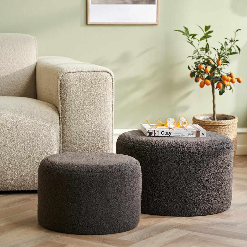 Sostrene Grene boucle chair and stool in living room.