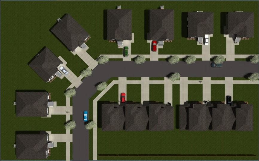 An overhead rendering of the eight single-family homes and six townhouses included in the Habitat Homestead subdivision. Greater Green Bay Habitat for Humanity plans start construction on the subdivision, located on Richmond Street, by early August 2023.