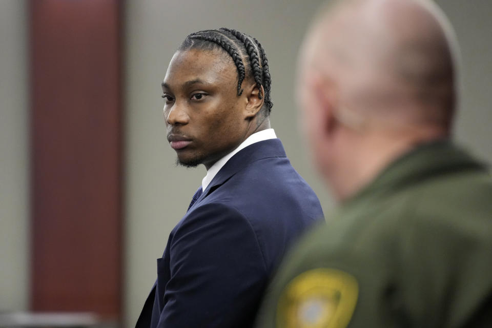 Former Las Vegas Raiders player Henry Ruggs appears in court Wednesday, May 10, 2023, in Las Vegas. Ruggs plead guilty to driving his car drunk before causing a fiery crash that killed a woman. (AP Photo/John Locher)