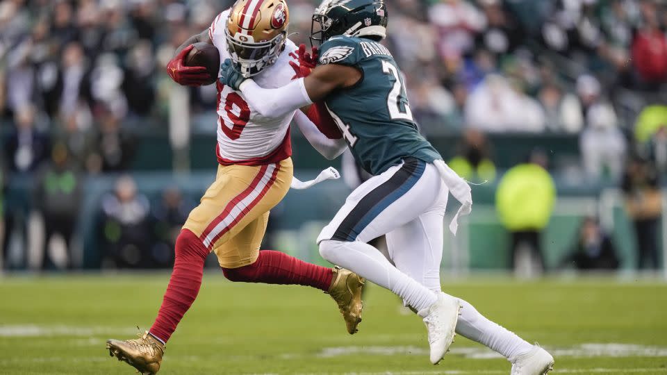 Samuel (left) is tackled by Bradberry during the first half of the NFC Championship game between the Eagles and the 49ers last season. - Matt Slocum/AP