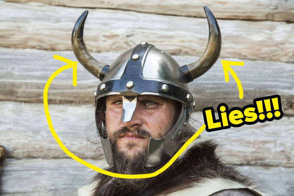 A Viking helmet with horns: "Lies!!" caption