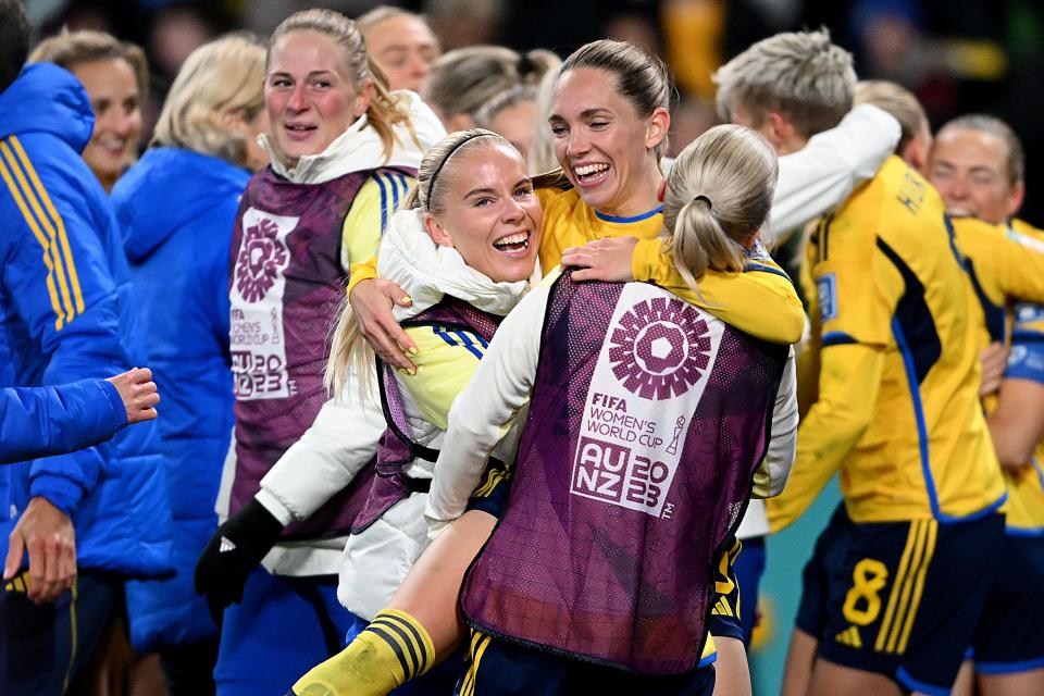 Sweden cheering after beating the US in the 2023 Women's World Cup.