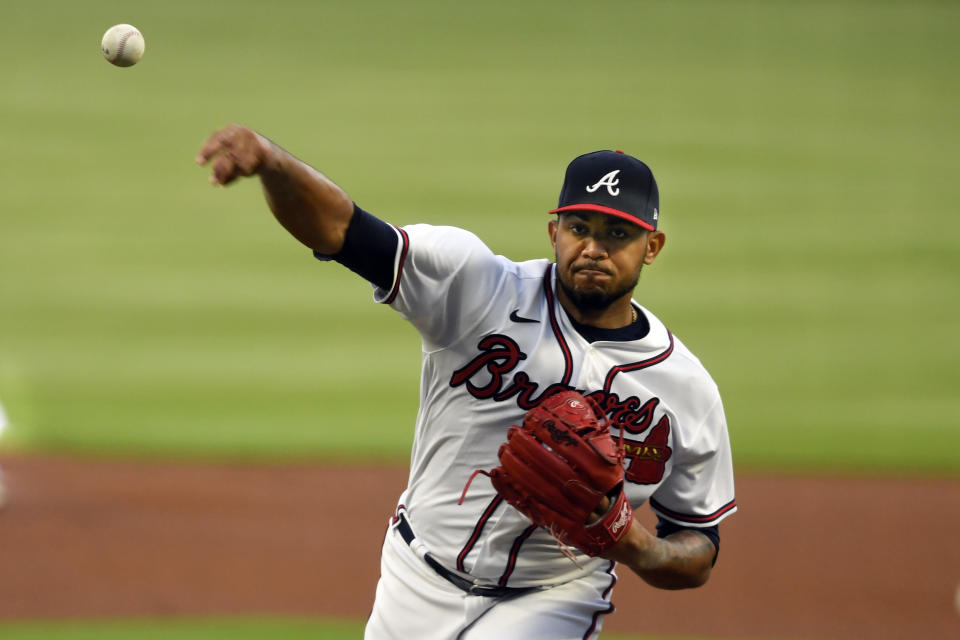 Atlanta Braves' Huascar Ynoa pitches against the Miami Marlins during the first inning of a baseball game Monday, Sept. 21, 2020, in Atlanta. (AP Photo/John Amis)