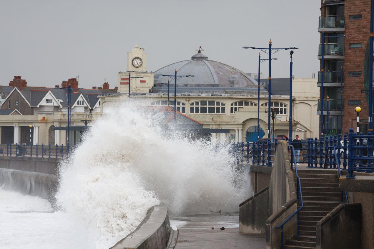 Porthcawl, South Wales, UK.  6 April '24.  UK weather: Enormous waves along the coast this afternoon, caused by Storm Kathleen