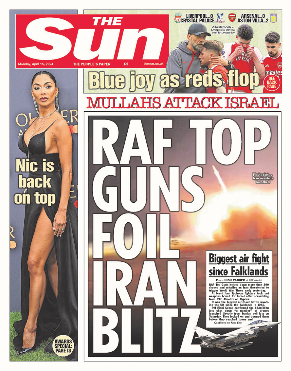 Sun headlines reads RAF top guns foil Iran blitz"