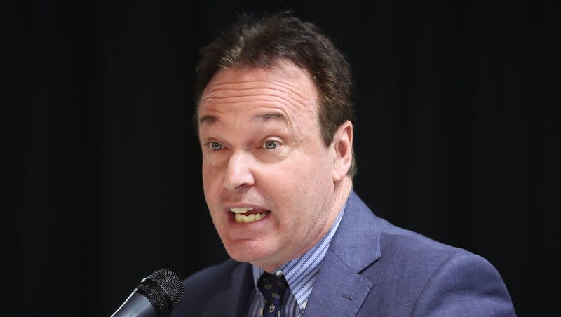 Republican Utah attorney general candidate Frank Mylar speaks to attendees at the Holladay City Hall in Holladay on April 4. Mylar was charged Wednesday with offering a bribe during the election to a fellow candidate.