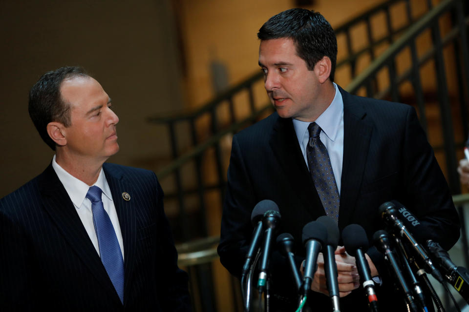 House Select Committee on Intelligence Chairman Rep. Devin Nunes (R-CA) and Ranking Member Rep. Adam Schiff (D-CA) speak with the media about the ongoing Russia investigation on Capitol Hill in Washington, D.C., U.S. March 15, 2017. REUTERS/Aaron P. Bernstein TPX IMAGES OF THE DAY