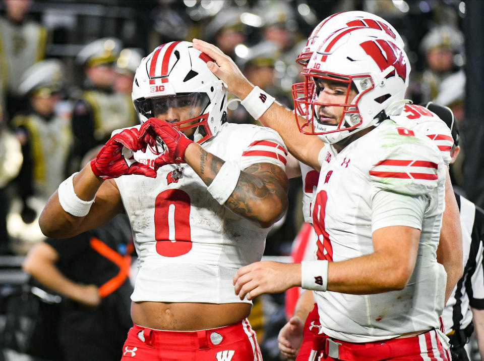 Sep 22, 2023; West Lafayette, Indiana, USA; Wisconsin Badgers running back <a class="link " href="https://sports.yahoo.com/ncaaf/players/327235" data-i13n="sec:content-canvas;subsec:anchor_text;elm:context_link" data-ylk="slk:Braelon Allen;sec:content-canvas;subsec:anchor_text;elm:context_link;itc:0">Braelon Allen</a> (0) makes a heart with his hands in honor of teammate Wisconsin Badgers running back Chez Mellusi (1) after Mellusi suffered an injury during the second half at Ross-Ade Stadium. Mandatory Credit: Robert Goddin-USA TODAY Sports