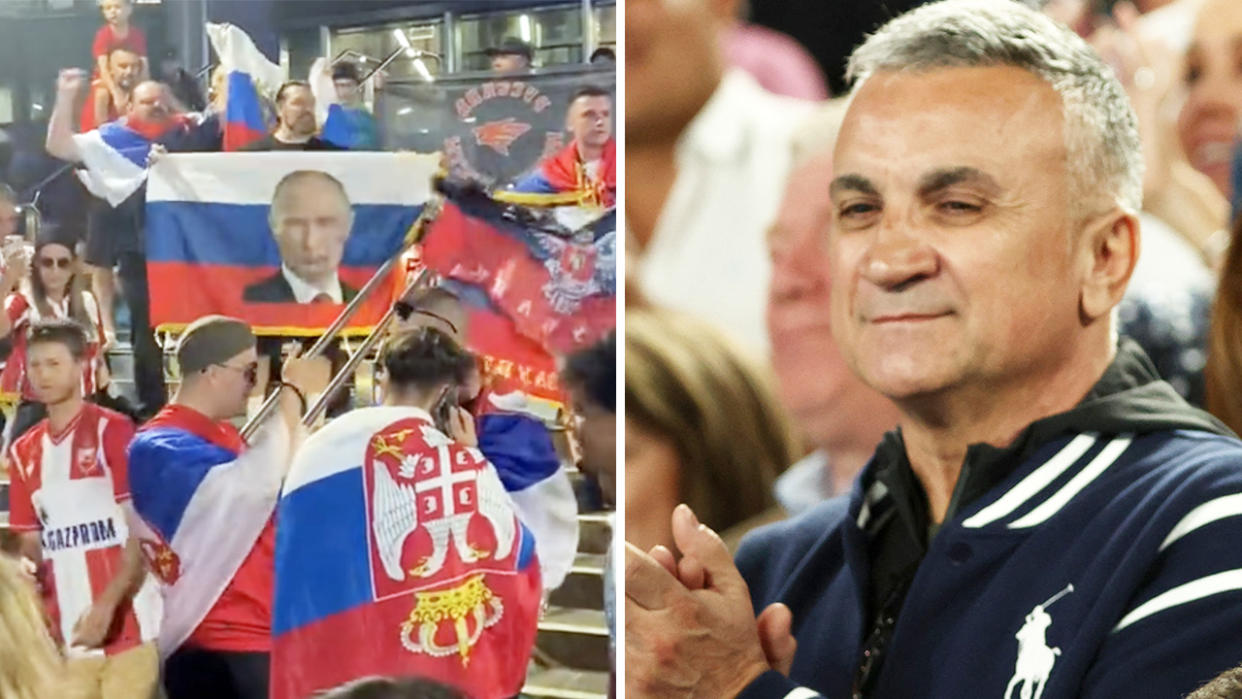 Pro-Russia demonstrators outside the Australian Open are pictured on the left, with Srdjan Djokovic pictured right.