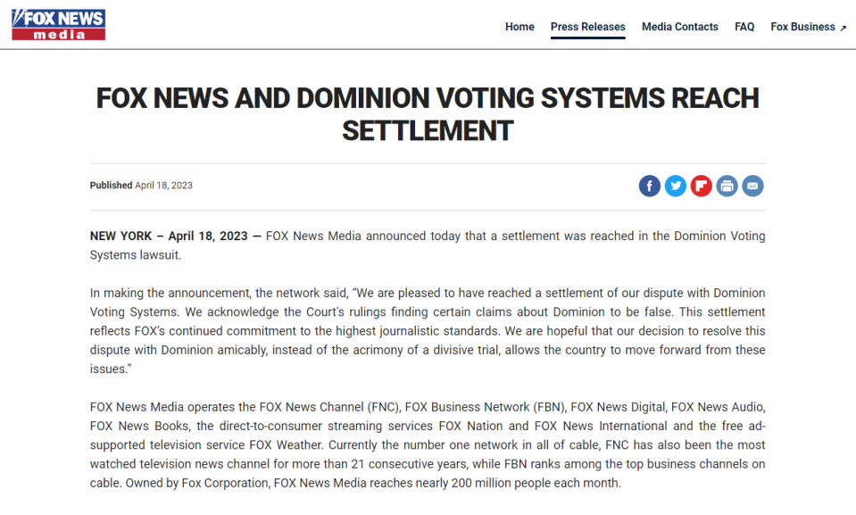 Fox News statement following $787.5 million settlement with Dominion Voting Systems on Tuesday.