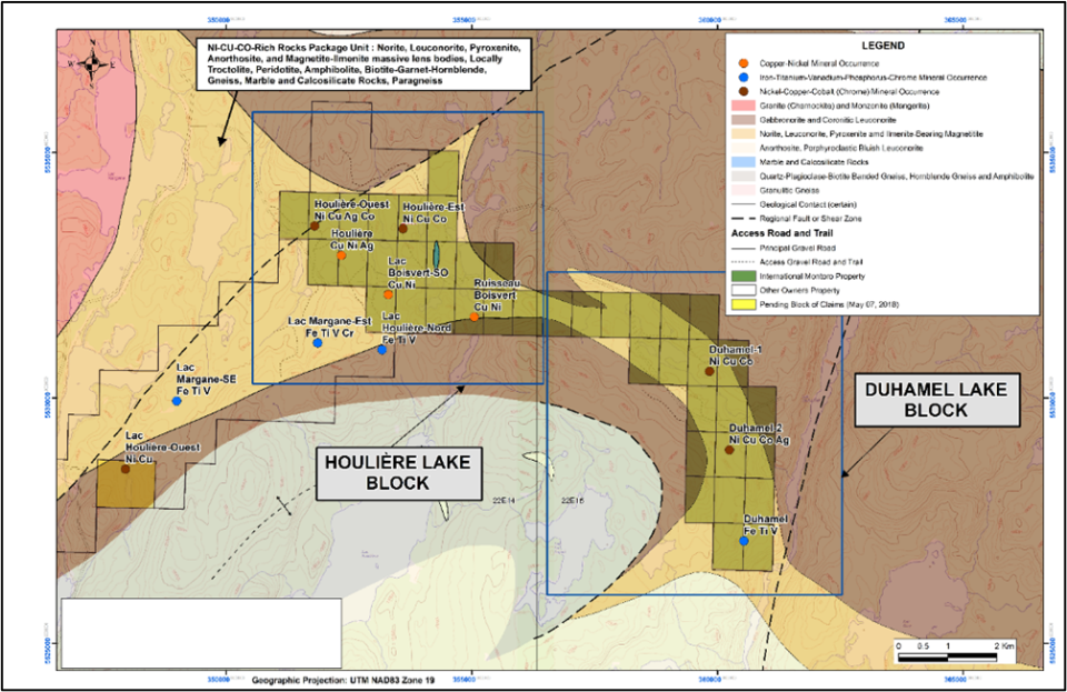 <i><strong>Figure 9. Cu-Ni-Co and Fe-V-Ti-Cr mineral occurrences in Houliere-Duhamel property (Modified from SIGEOM, 2023)</strong></i>