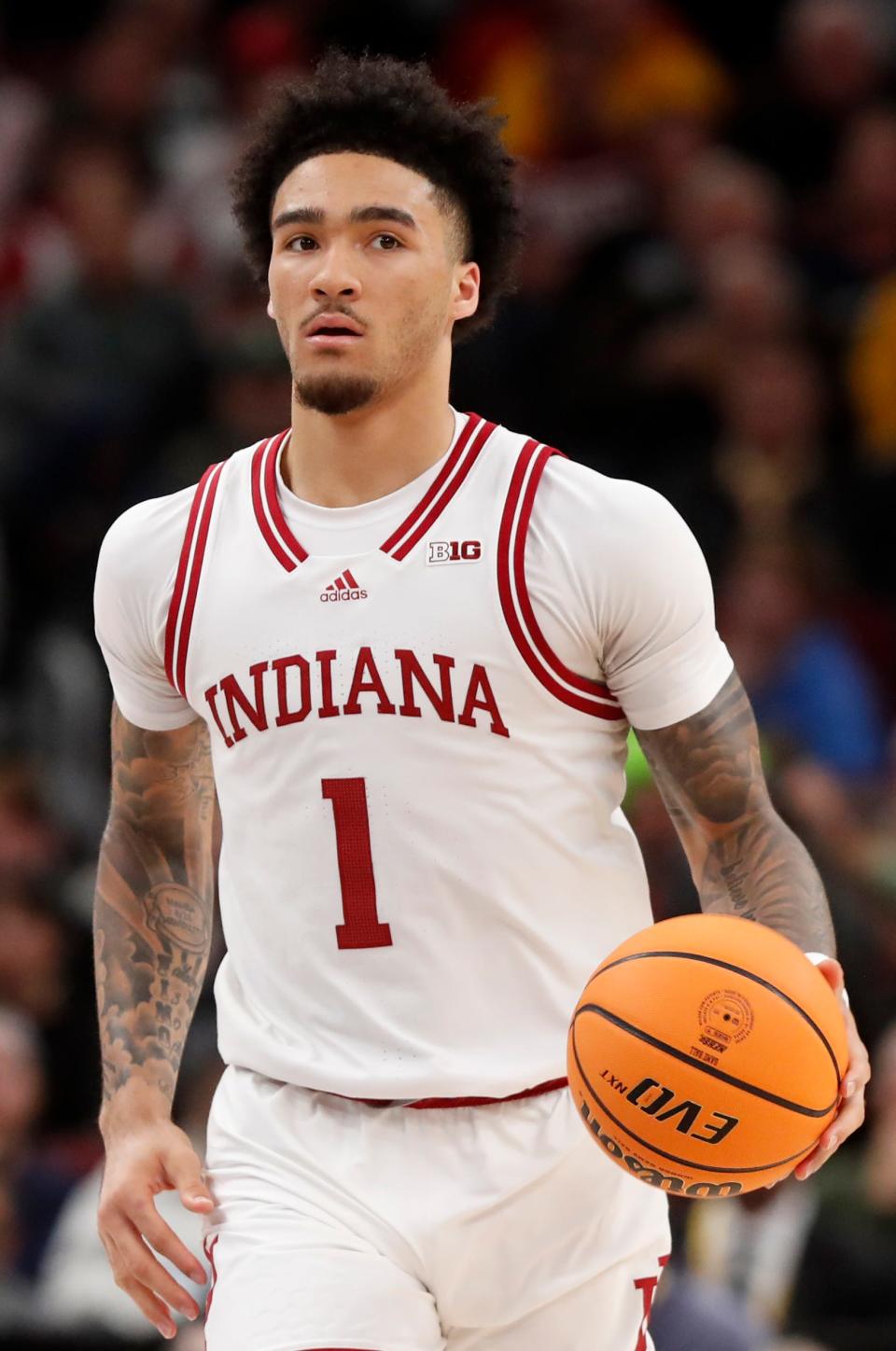 Indiana Hoosiers guard Jalen Hood-Schifino (1) drives to the basket during the Big Ten Men’s Basketball Tournament semifinal game against the Penn State Nittany Lions, Saturday, March 11, 2023, at United Center in Chicago. Penn State Nittany Lions won 77-73.