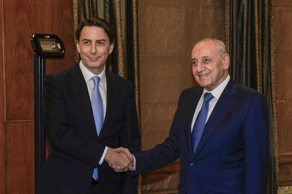 Senior Advisor to U.S. President Biden, Amos Hochstein, left, shakes hands with Parliament Speaker Nabih Berri in Beirut, Lebanon, Monday, March 4, 2024. Hochstein, a senior adviser to U.S. President Joe Biden, discussed with Lebanese officials Monday a diplomatic solution for the Lebanon-Israel border saying that if a truce is reached in the Gaza Strip it will not automatically mean that there will be calm along Lebanon's southern border. (AP Photo/Bilal Hussein)