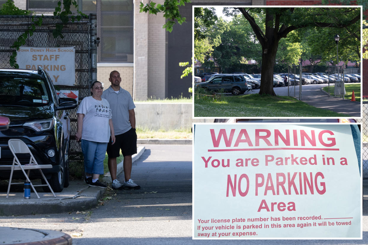 Parking lot guard and security standing at school lot entrance, left; John Dewey HS parking lot at top right; no parking sign at bottom right