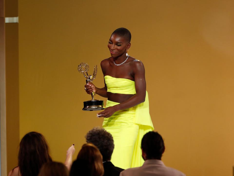 Michaela Coel with her award at the 2021 Emmy Awards.