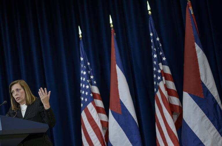 Cuban head of delegation Josefina Vidal speaks to the press after talks at the US State Department in Washington, DC, on February 27, 2015