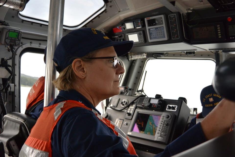 Vice Adm. Linda Fagan, Coast Guard Pacific Area commander, gets underway aboard a 45-foot Response Boat - Medium, in Auke Bay, Alaska