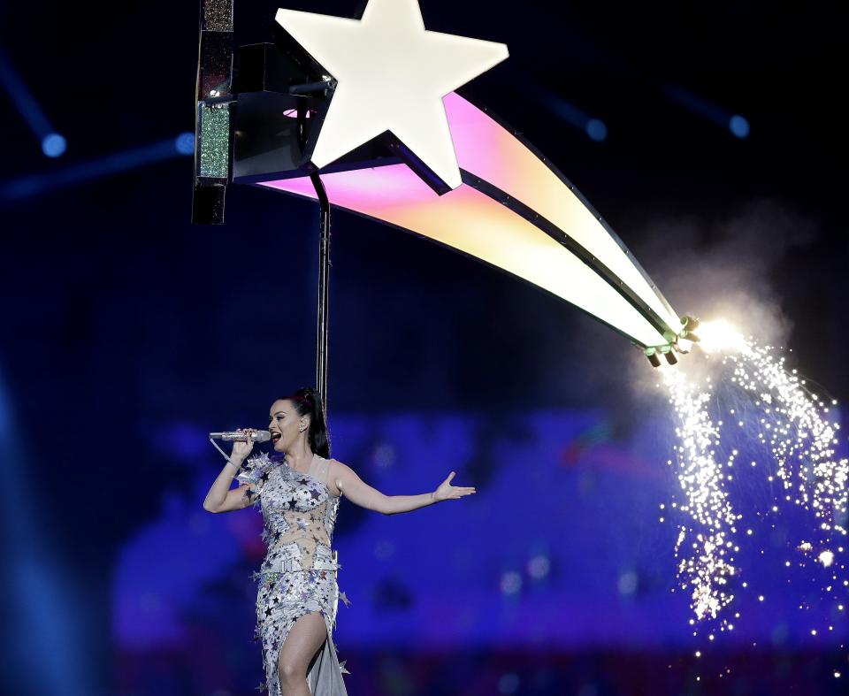Katy Perry performs during halftime of NFL Super Bowl XLIX football game between the Seattle Seahawks and the New England Patriots on Sunday, Feb. 1, 2015, in Glendale, Ariz. (AP Photo/Brynn Anderson)