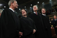 From left, Supreme Court Chief Justice John Roberts, Associate Justice Elena Kagan, Associate Justice Neil Gorsuch and Associate Justice Brett Kavanaugh, talk before President Donald Trump delivers his State of the Union address to a joint session of Congress in the House Chamber on Capitol Hill in Washington, Tuesday, Feb. 4, 2020. (Leah Millis/Pool via AP)