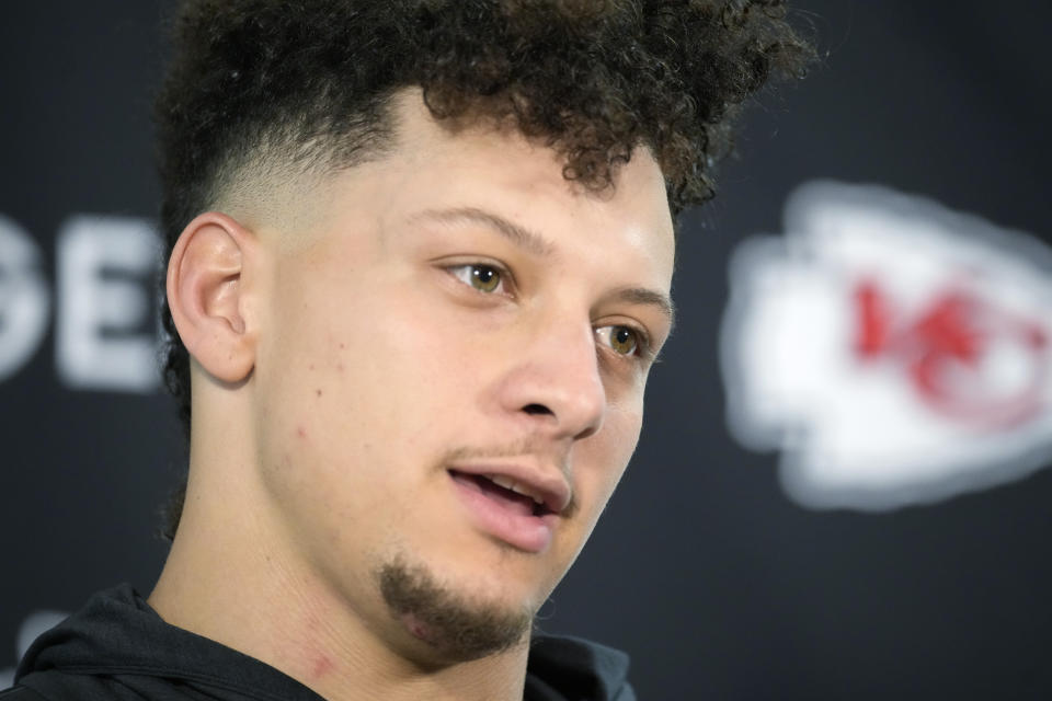 Kansas City Chiefs quarterback Patrick Mahomes talks during a news conference after an NFL football game against the Denver Broncos, Sunday, Dec. 11, 2022, in Denver. (AP Photo/David Zalubowski)