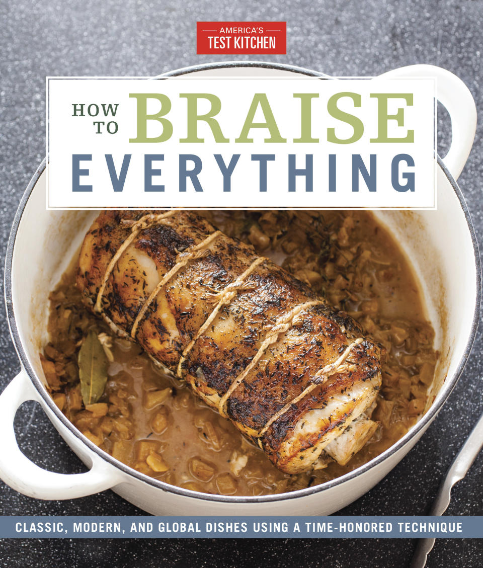 This image provided by America's Test Kitchen in March 2019 shows the cover for "How to Braise Everything." It includes a recipe for Chicken With 40 Cloves Of Garlic. (America's Test Kitchen via AP)