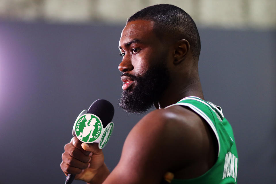 Jaylen Brown arrived at media day with a fresh haircut. (Getty Images)