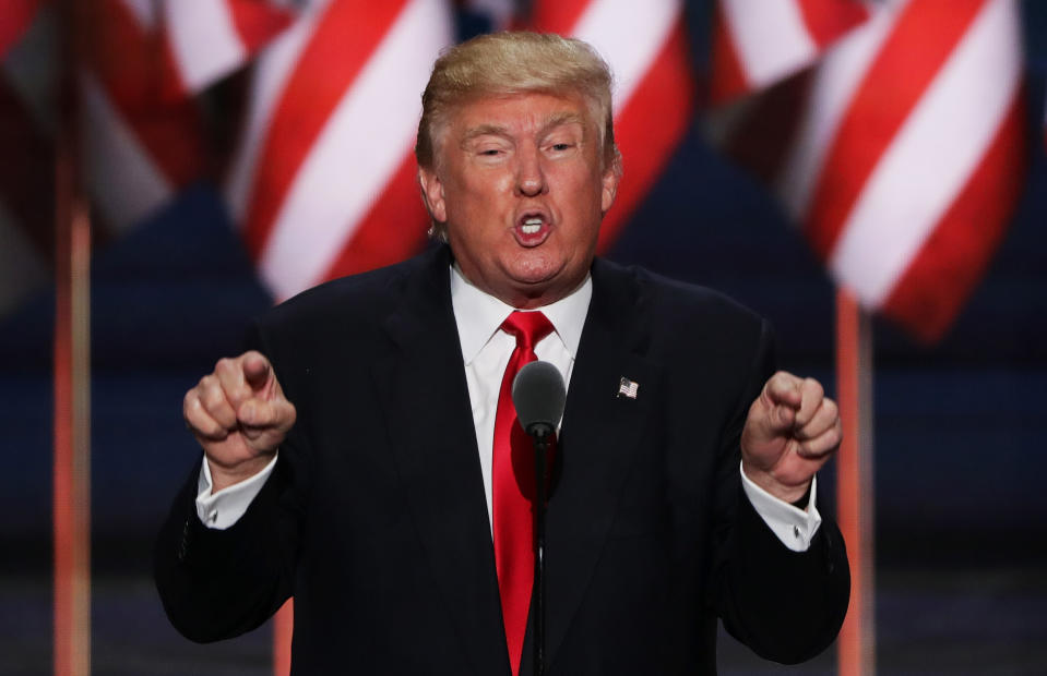 Republican presidential candidate Donald Trump delivers a speech during the evening session on the fourth day of the Republican National Convention on July 21, 2016 at the Quicken Loans Arena in Cleveland, Ohio