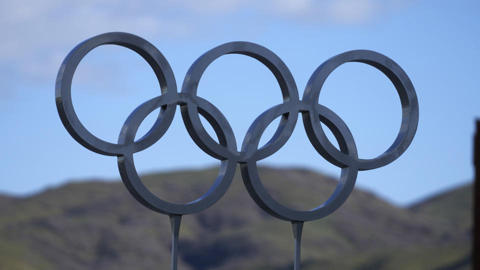 FILE - The 2002 Winter Olympic rings are shown outside Rice-Eccles Stadium on April 10, 2024, in Salt Lake City. Organizers of the Salt Lake City Olympic committee will reveal on Monday, June 10, 2024, the estimated budget for hosting the 2034 Winter Olympics. (AP Photo/Rick Bowmer)