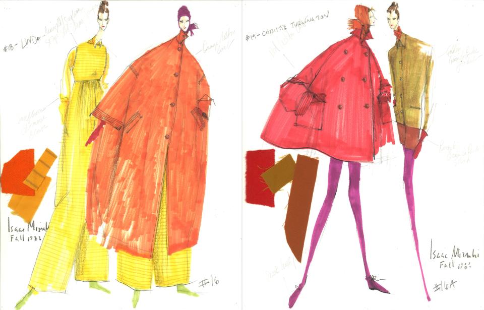 In I.M., Mizrahi describes his debut fashion show, for Fall 1988, as “a beautiful, meaningful dream. “The idea,” he writes, “was to introduce color as the main theme for the season—also for the rest of my career.”
(Left) Linda Evangelista’s jumpsuit and coat ensemble was dubbed “Orange Orange”—after the Kool-Aid flavor; Christy Turlington’s look (right), took its name from a character in Breakfast at Tiffany’s, “Sally Tomato.”