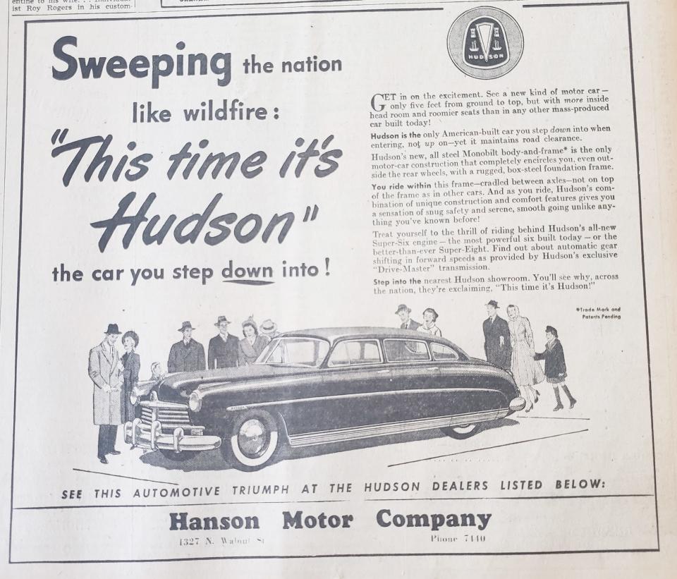 Eleven people admire the Hudson featured in this 1948 Hanson Motor Company ad. Fashion note: all the men are wearing hats.