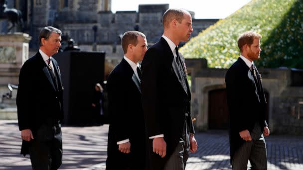 PHOTO: Vice-Admiral Sir Timothy Laurence, Peter Phillips, Prince William, Duke of Cambridge and Prince Harry, Duke of Sussex walk during the Ceremonial Procession at Windsor Castle on April 17, 2021, in Windsor, England. (Alastair Grant/WPA Pool via Getty Images)