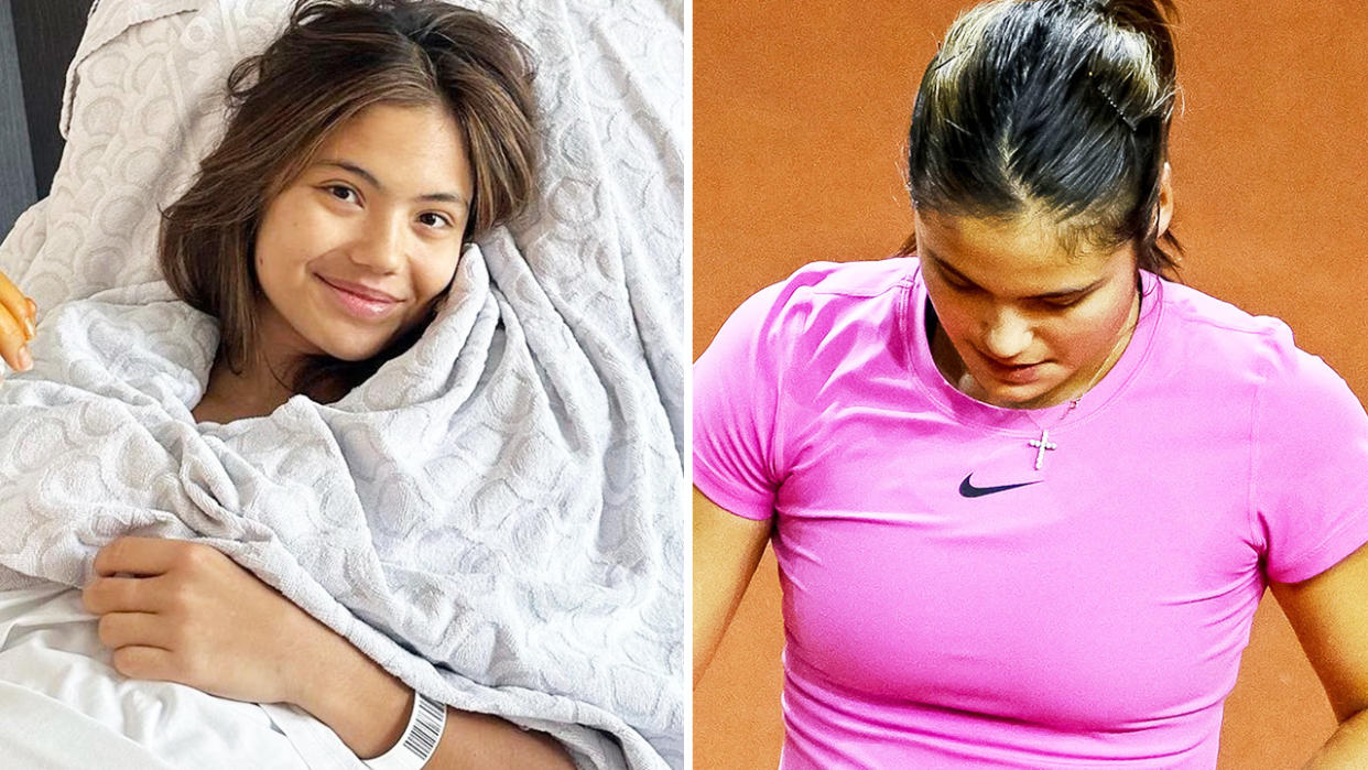 Emma Raducanu, pictured here in hospital and on the tennis court.