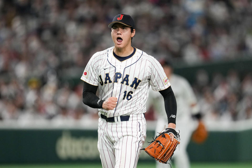 BUNKYO CITY, JAPAN - MARCH 16:   Shohei Ohtani #16 of Team Japan reacts during the 2023 World Baseball Classic Quarterfinals game between Team Italy and Team Japan at Tokyo Dome on Thursday, March 16, 2023 in Tokyo, Japan. (Photo by Mary DeCicco/WBCI/MLB Photos via Getty Images)