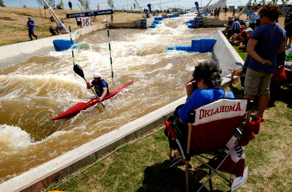 Tyger Vollrath competes in the Kayak K1 Men's run during the 2016 USA Olympic Team Trials at Riversport Rapids in Oklahoma City.