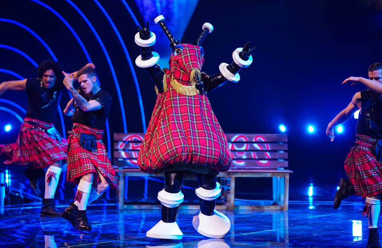 This image and the information contained herein is strictly embargoed until 00.01 Saturday 15th January 2022

From Bandicoot TV

The Masked Singer: SR3: Ep4 on ITV and ITV Hub

Pictured: Bagpipes.

This photograph is (C) Bandicoot TV and can only be reproduced for editorial purposes directly in connection with the programme or event mentioned above, or ITV plc. Once made available by ITV plc Picture Desk, this photograph can be reproduced once only up until the transmission [TX] date and no reproduction fee will be charged. Any subsequent usage may incur a fee. This photograph must not be manipulated [excluding basic cropping] in a manner which alters the visual appearance of the person photographed deemed detrimental or inappropriate by ITV plc Picture Desk.  This photograph must not be syndicated to any other company, publication or website, or permanently archived, without the express written permission of ITV Picture Desk. Full Terms and conditions are available on the website www.itv.com/presscentre/itvpictures/terms

For further information please contact:
james.hilder@itv.com / 0207 157 3052