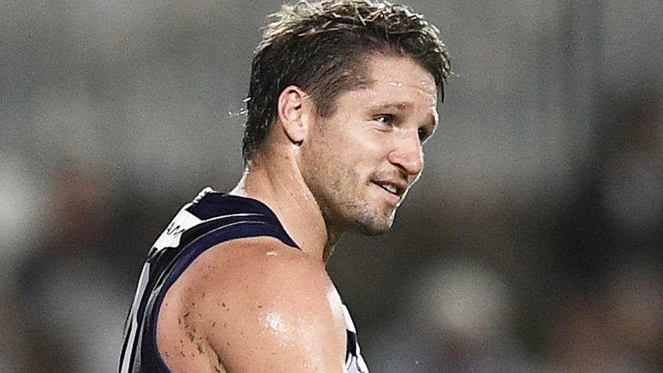 Fremantle forward Jesse Hogan has been fined $8000 for breaching hotel quarantine rules following the end of the AFL regular season. (Photo by Ian Hitchcock/Getty Images)